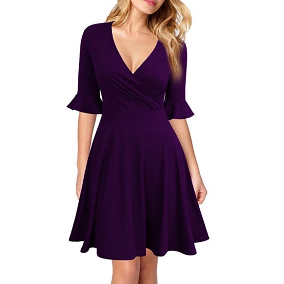 Dresses & Skirts - Purple v-neck, bell sleeve wrap dress,size M